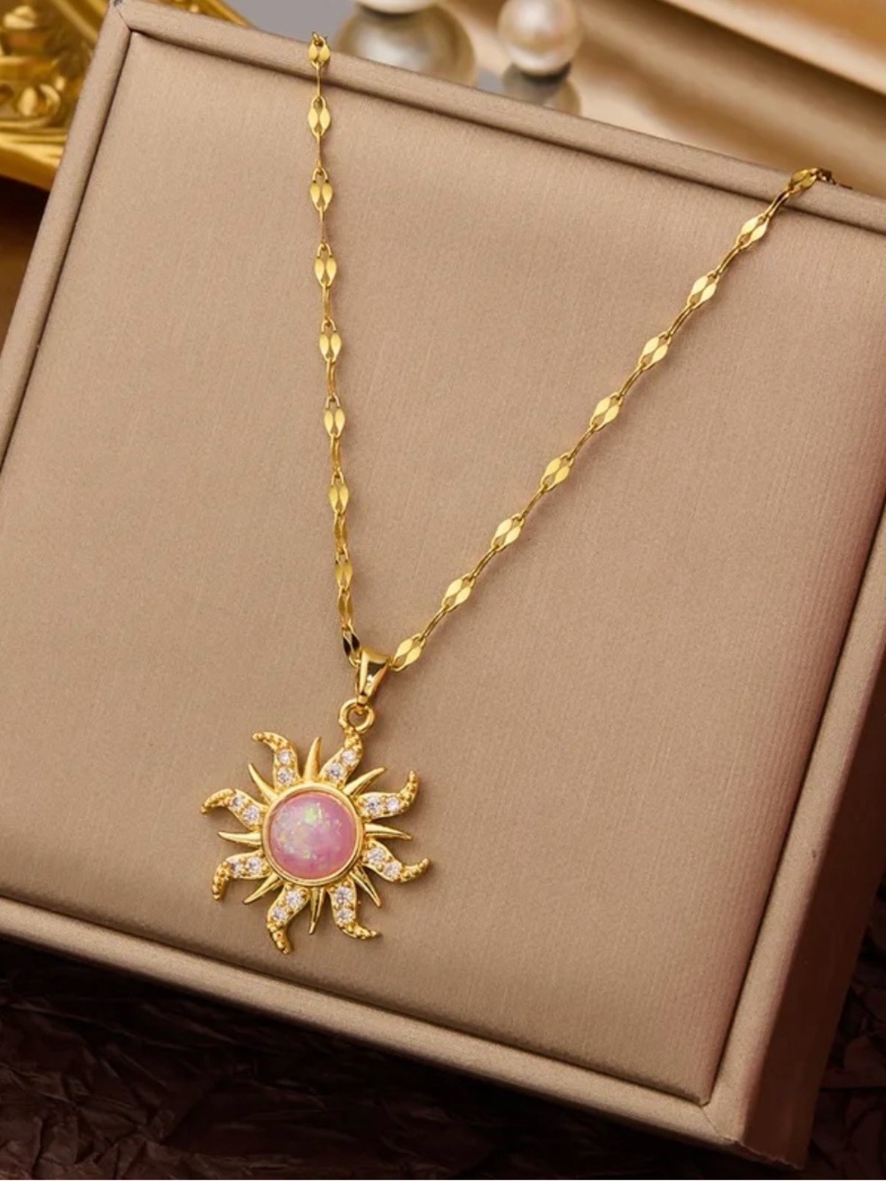Gold Sunburst Pendant Necklace with Pink Opal Center